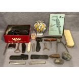 Contents to blue plastic tray - AA chrome badge, pen knives, lighter, bottle openers, etc.