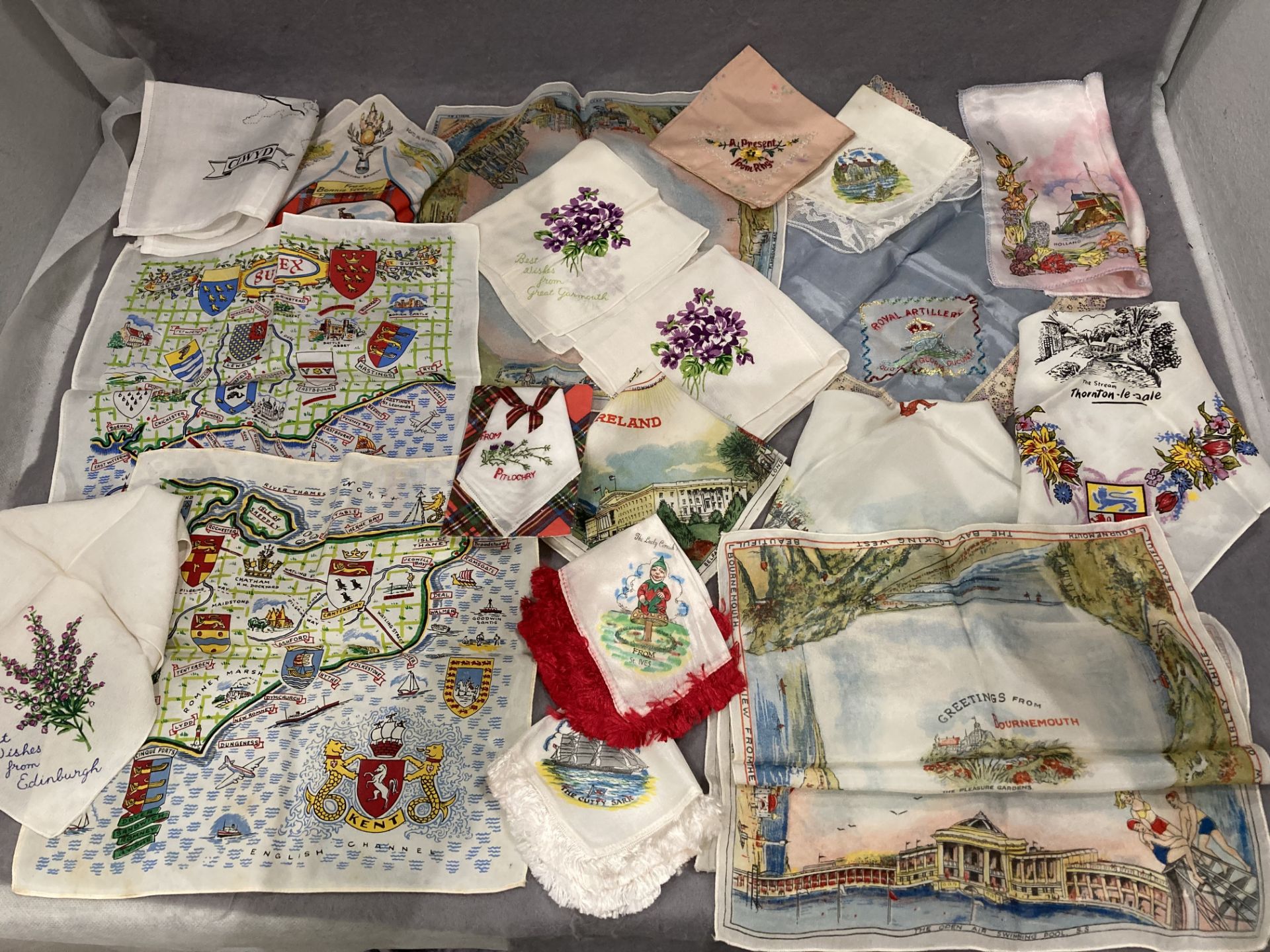 Contents to box - various silk and cotton handkerchiefs and a small quantity of postcards, etc. - Image 2 of 3