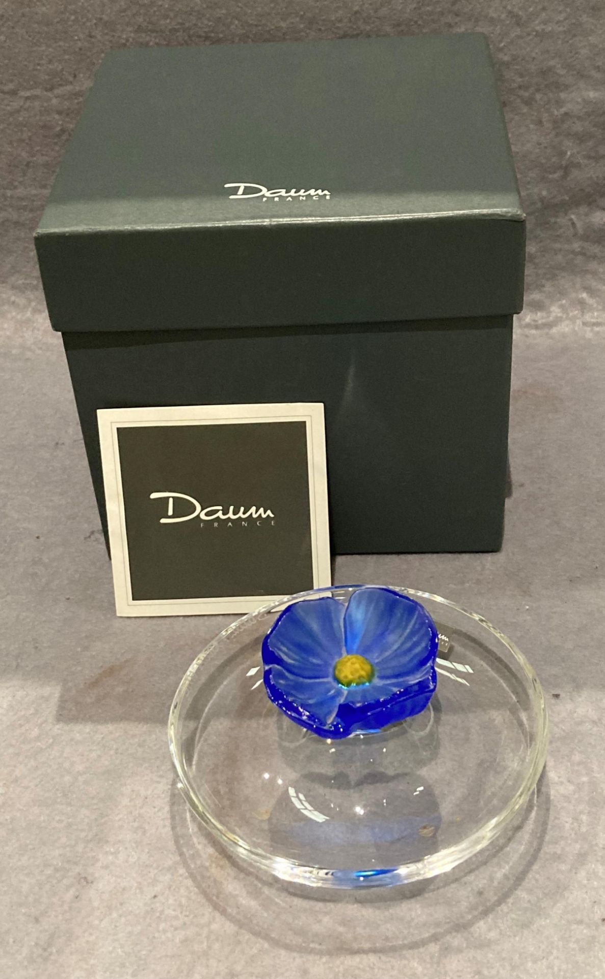 A Daum France Coupelle Cactus Fleur Bleu Franc modern pate de verre glass dish,