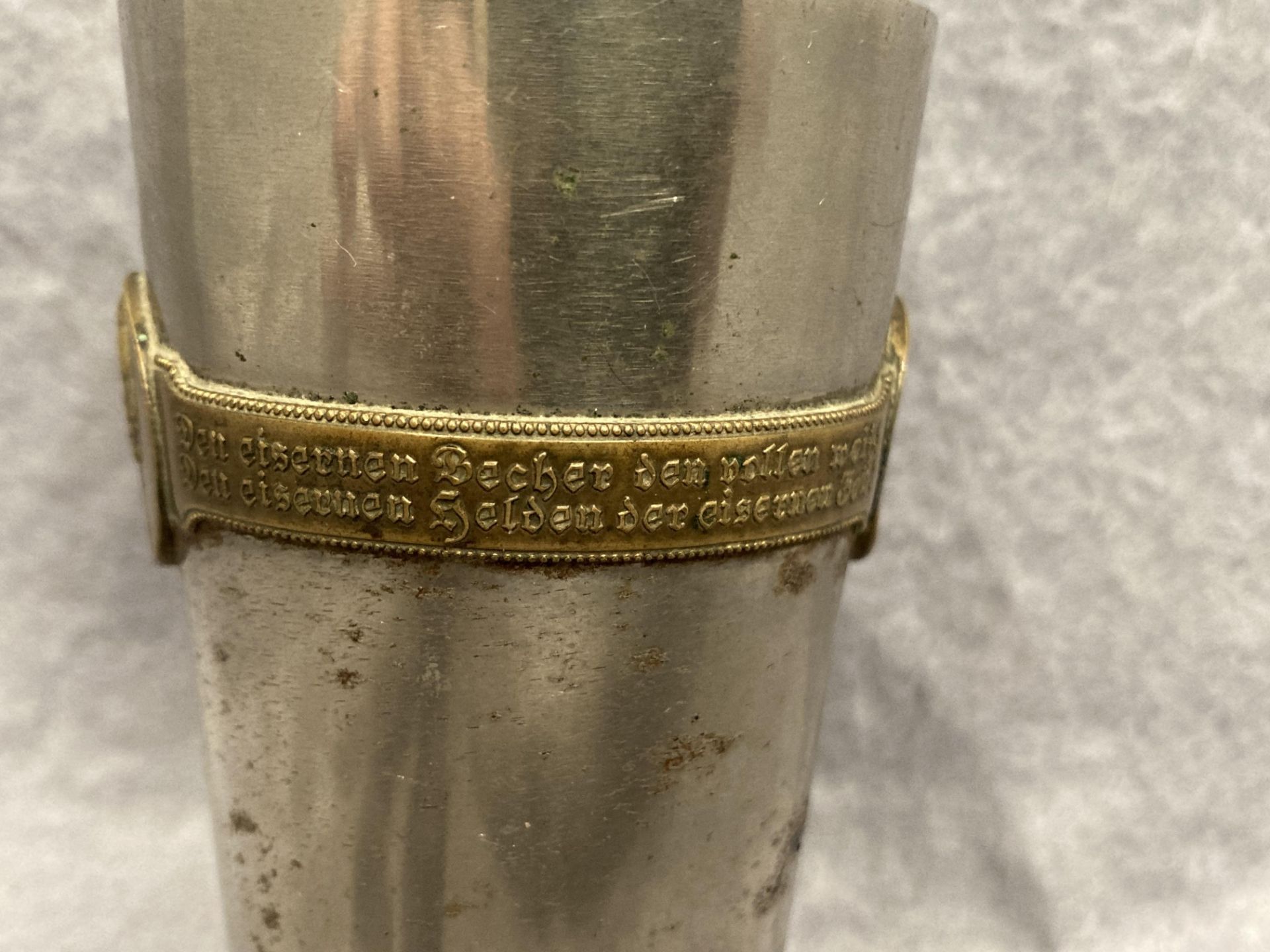 A German metal WWI beaker inscribed 1914-1915 Sriegs Becher with the heads of Wilhelm II and Franz - Image 4 of 5