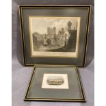 A framed coloured engraving The View of Micklegate Bar and the Hospital of St Thomas,