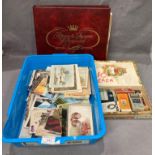 Contents to blue plastic tray - 130 plus assorted postcards, old and modern, sentimental, humorous,