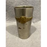 A German metal WWI beaker inscribed 1914-1915 Sriegs Becher with the heads of Wilhelm II and Franz