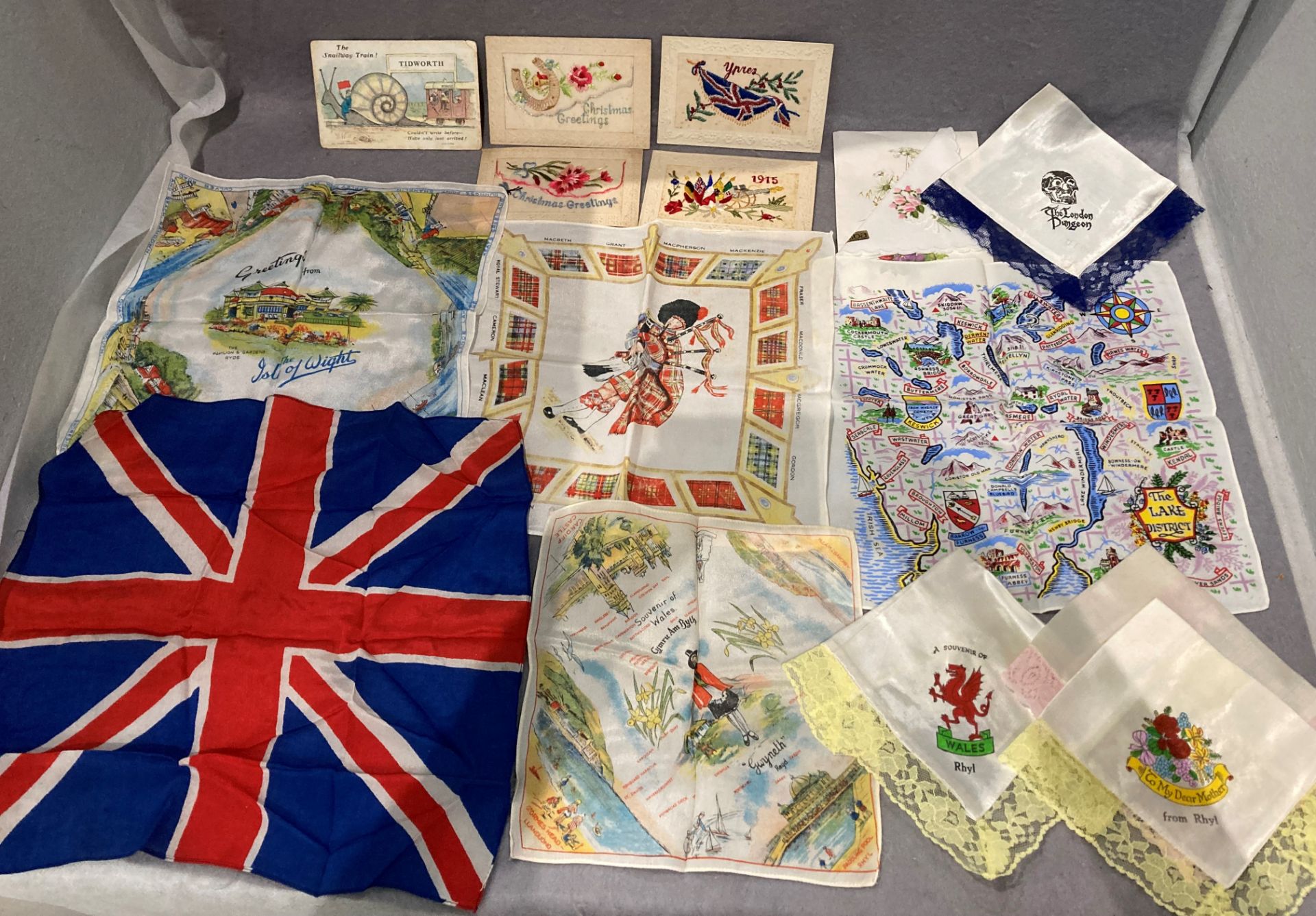 Contents to box - various silk and cotton handkerchiefs and a small quantity of postcards, etc.