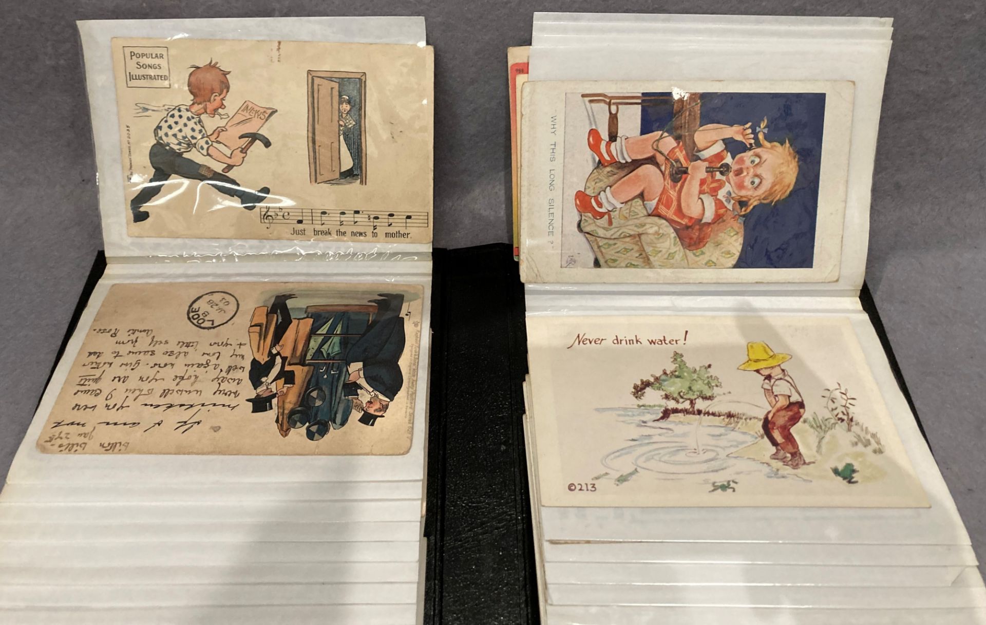 An album containing 56 comic and humorous postcards including Donald McGill, Trow, etc.