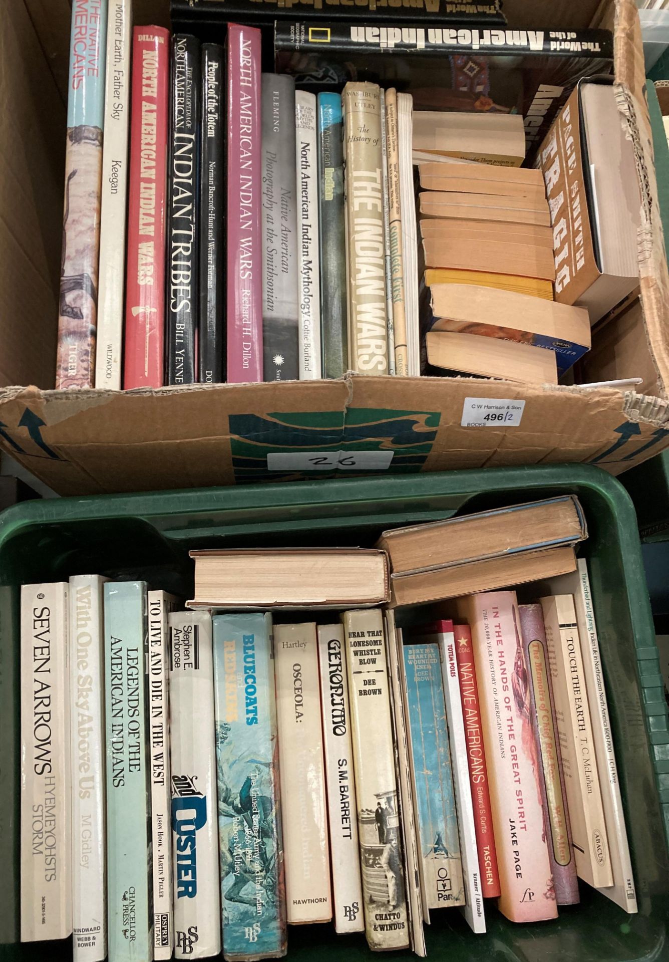 Contents to green plastic crate and box - approximately forty books on Native American Indians,