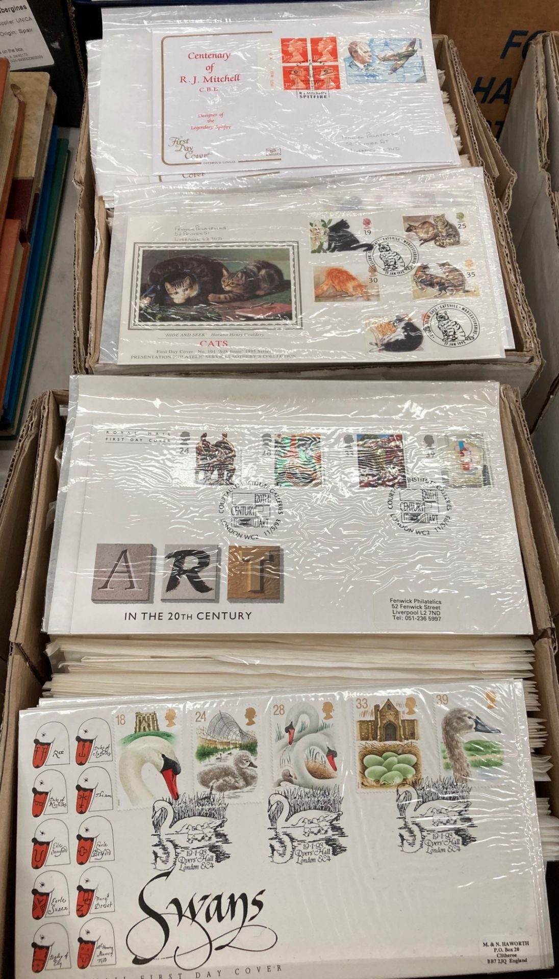 Two boxes of First Day Covers (approximately 400) - multiples including Island Waterways, Swans,