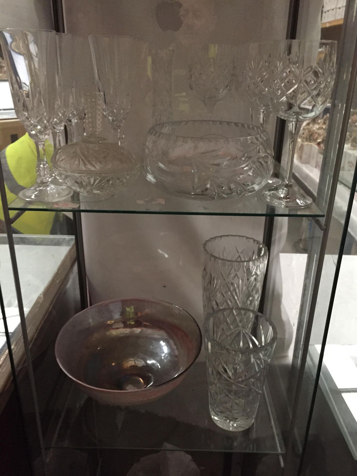 Contents to 2 glass shelves - 16 pieces of glassware including 3 cut glass vases, cut glass bowl,