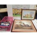 Pink plastic box & 9 DVDs, water colour of Victorian hall,