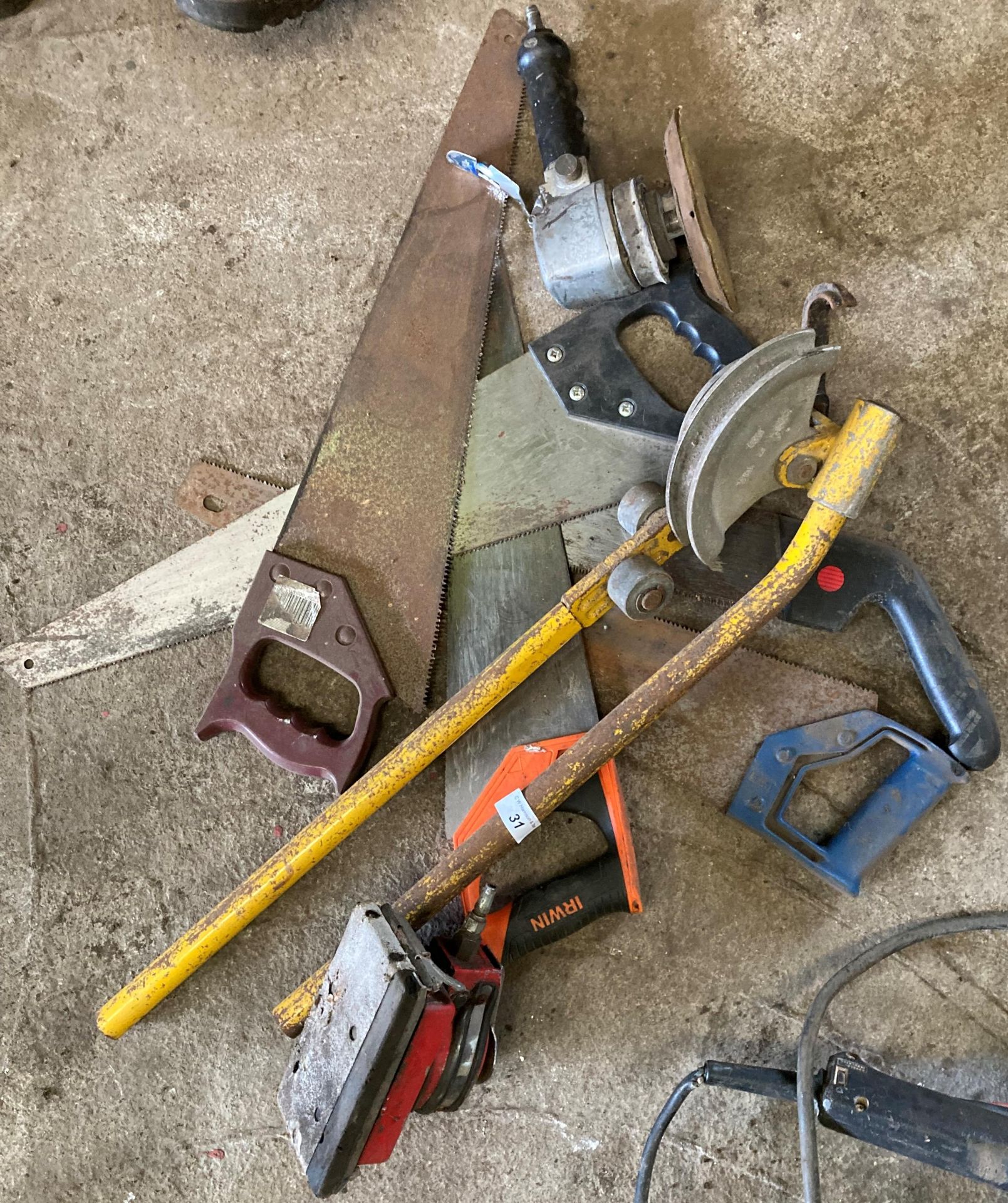 8 x items - pneumatic sanders, hand saws,