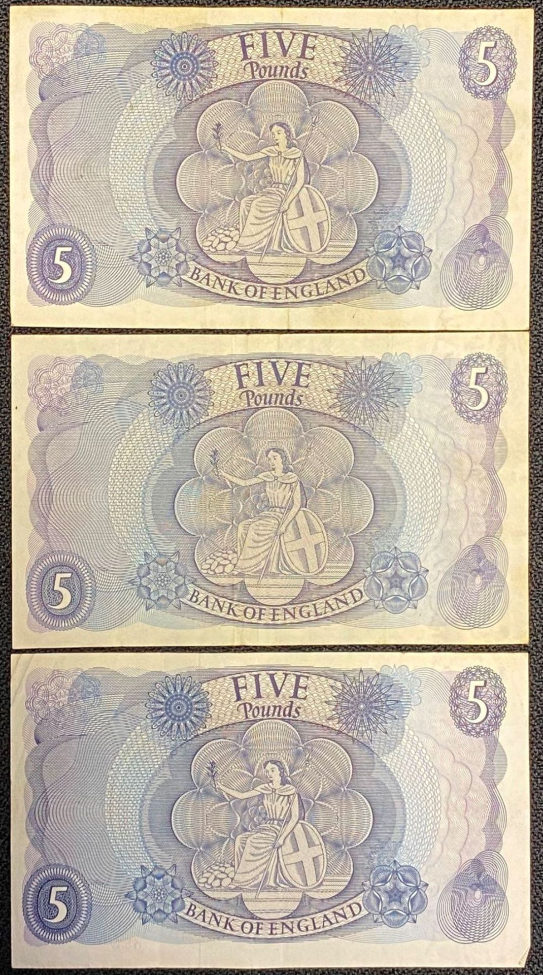 3 x Hollom February 1963 Blue £5 Banknotes Good Condition VF B297 - Image 2 of 2
