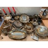 Contents to tray - silver plate and metalware - entree dish, trays, tankards,