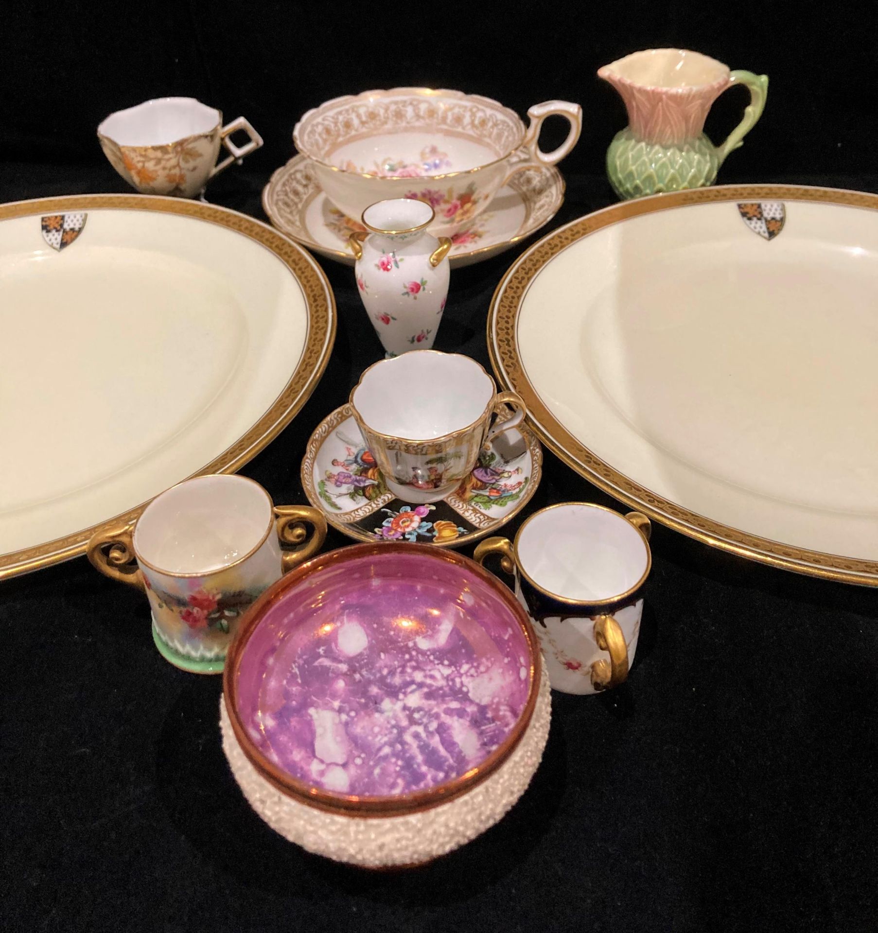 Contents to tray - two Cauldon cream plates with gilt rim and crest, - Image 2 of 2