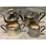 A Walker & Hall three piece plated tea service and a non-matching plated coffee pot (4)
