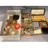 Contents to box - various GB and World coins, plated fork and spoon, etc.