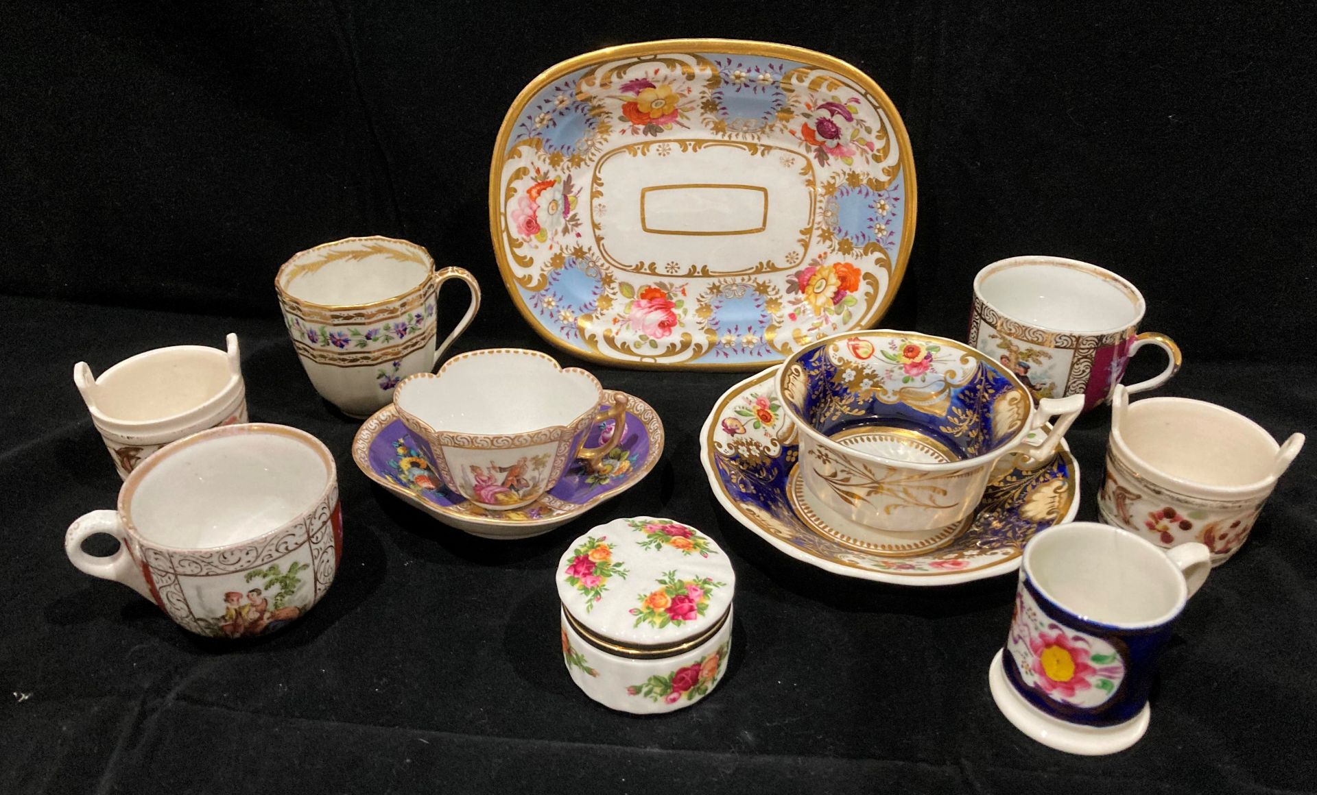 Contents to tray - ten items - Dresden cup and saucer, blue patterned cup and saucer, tray, cups,