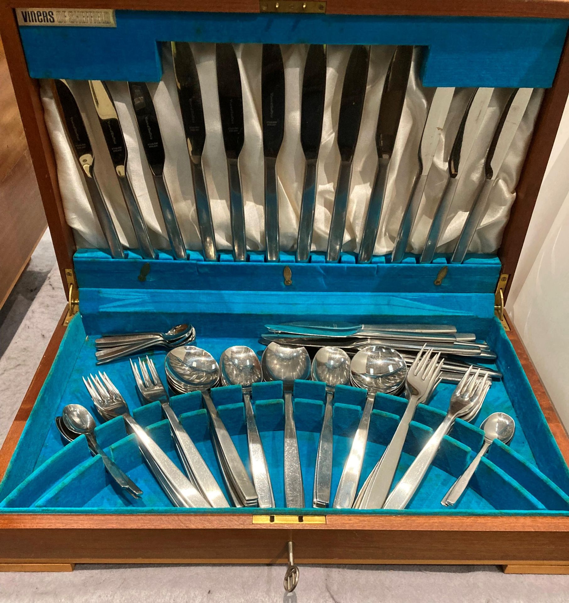 A Viners of Sheffield cutlery canteen containing eighty-five pieces of Viners stainless steel