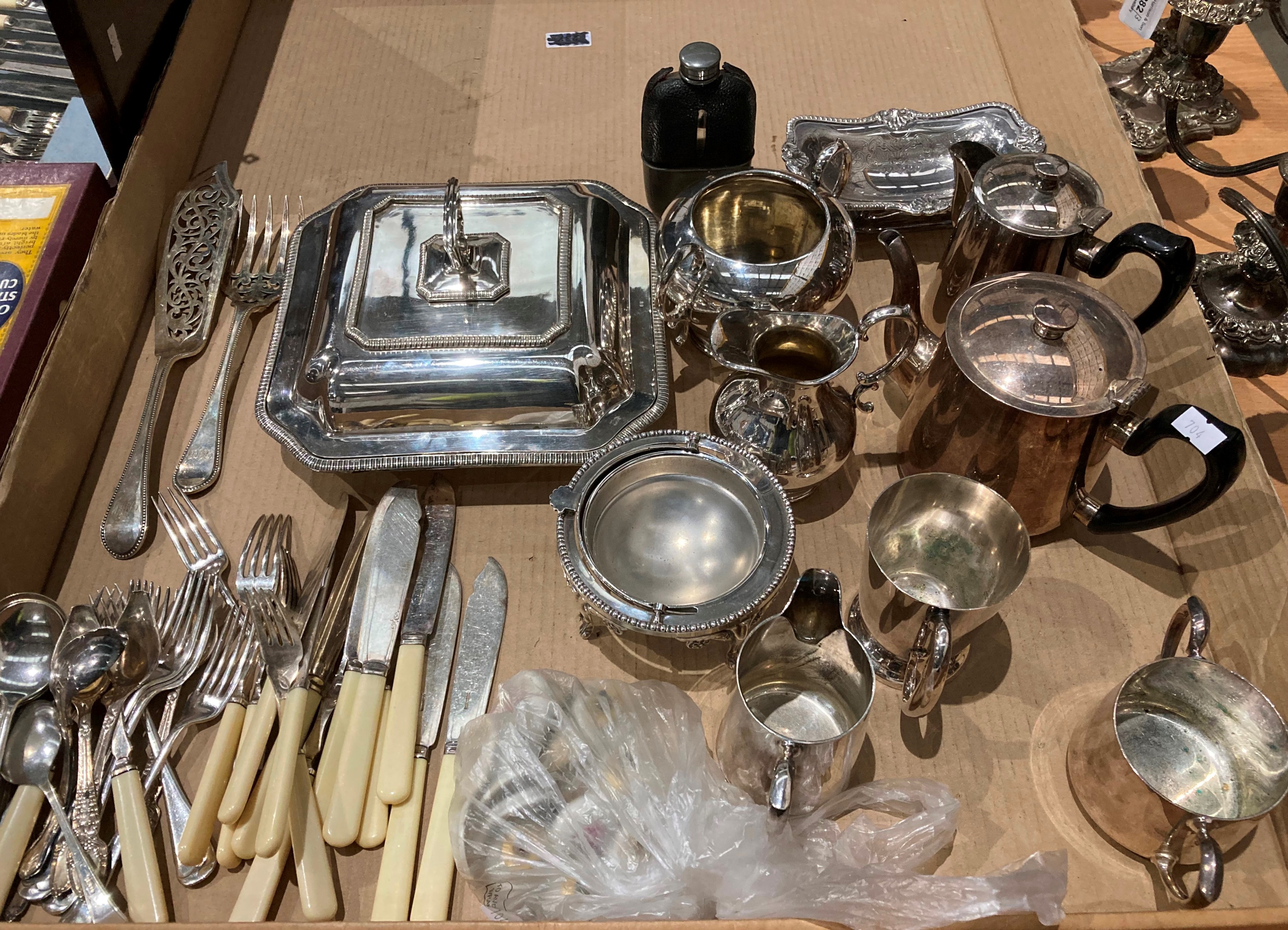Contents to tray - silver plate including muffin dish, sugar bowl and milk jug, tankards, - Image 2 of 2
