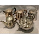 A collection of five plated tea and coffee pots including James Dixon and Sons,