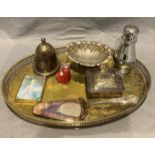 A small quantity of plated ware, an oval gallery tray with pierced rim, sugar shaker, bowl,