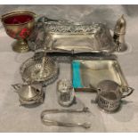 Contents to tray - a quantity of plated items, single handled tray, sugar shaker,