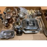 Contents to tray - silver plate including muffin dish, sugar bowl and milk jug, tankards,