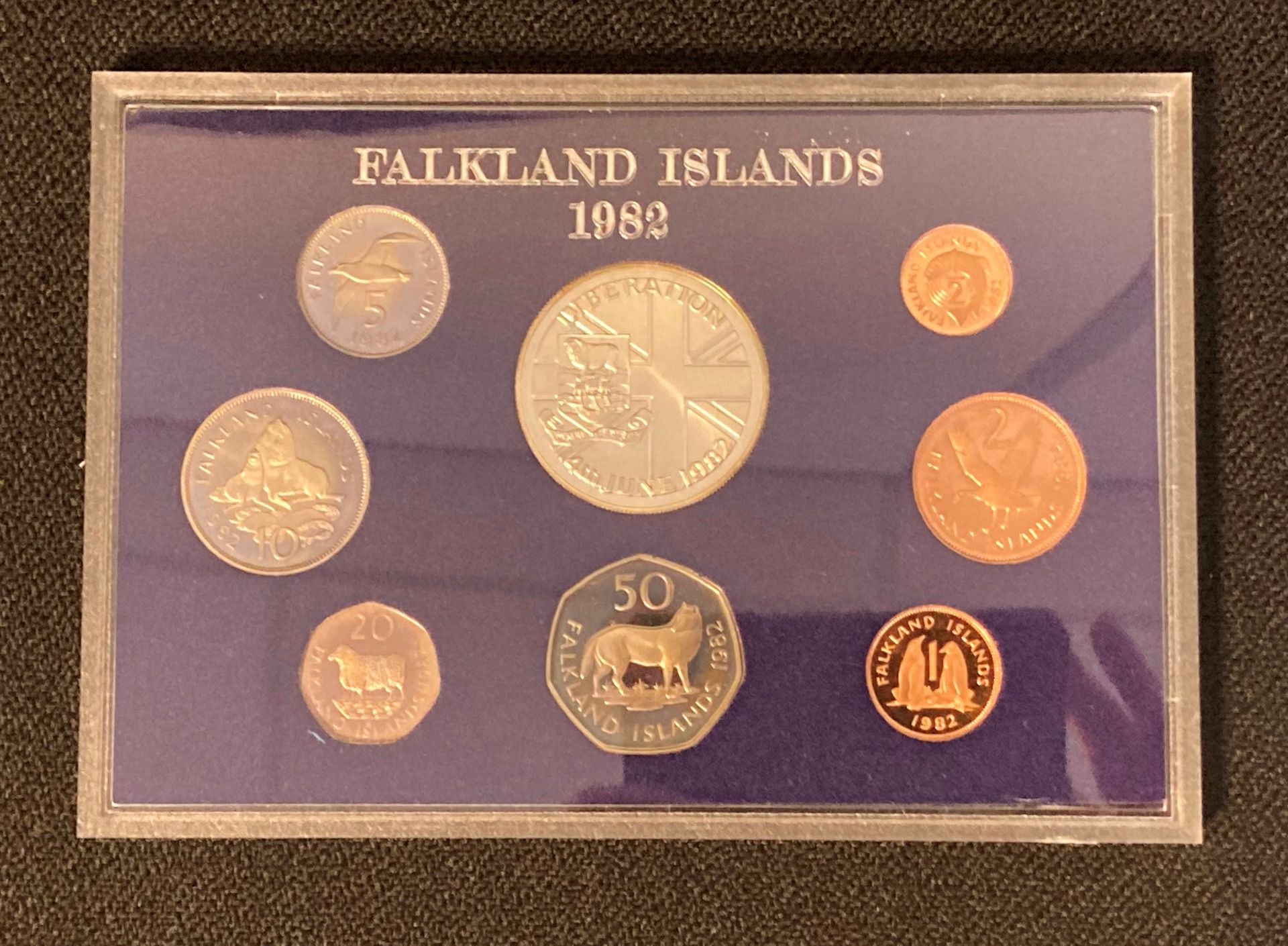 A Royal Mint Coinage of The Falkland Islands 1982 proof set in original light blue envelope and - Image 2 of 2