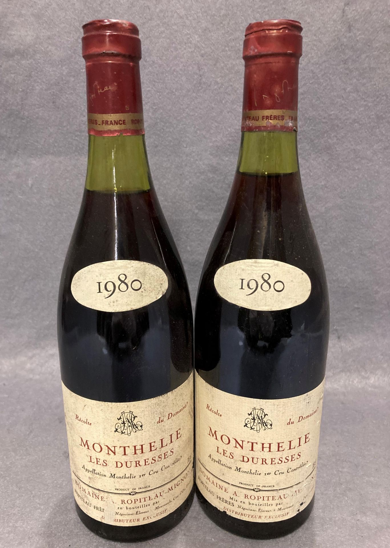 Two 75cl bottles of Domaine A Ropiteau Monthélie Les Duresses 1980 red wine - advised stored