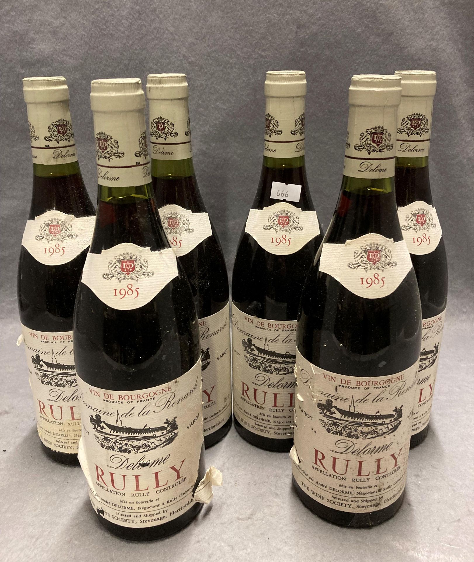 Six 75cl bottles of Domaine de la Renarde Delarme Rully 1985 red wine - advised stored in a cellar