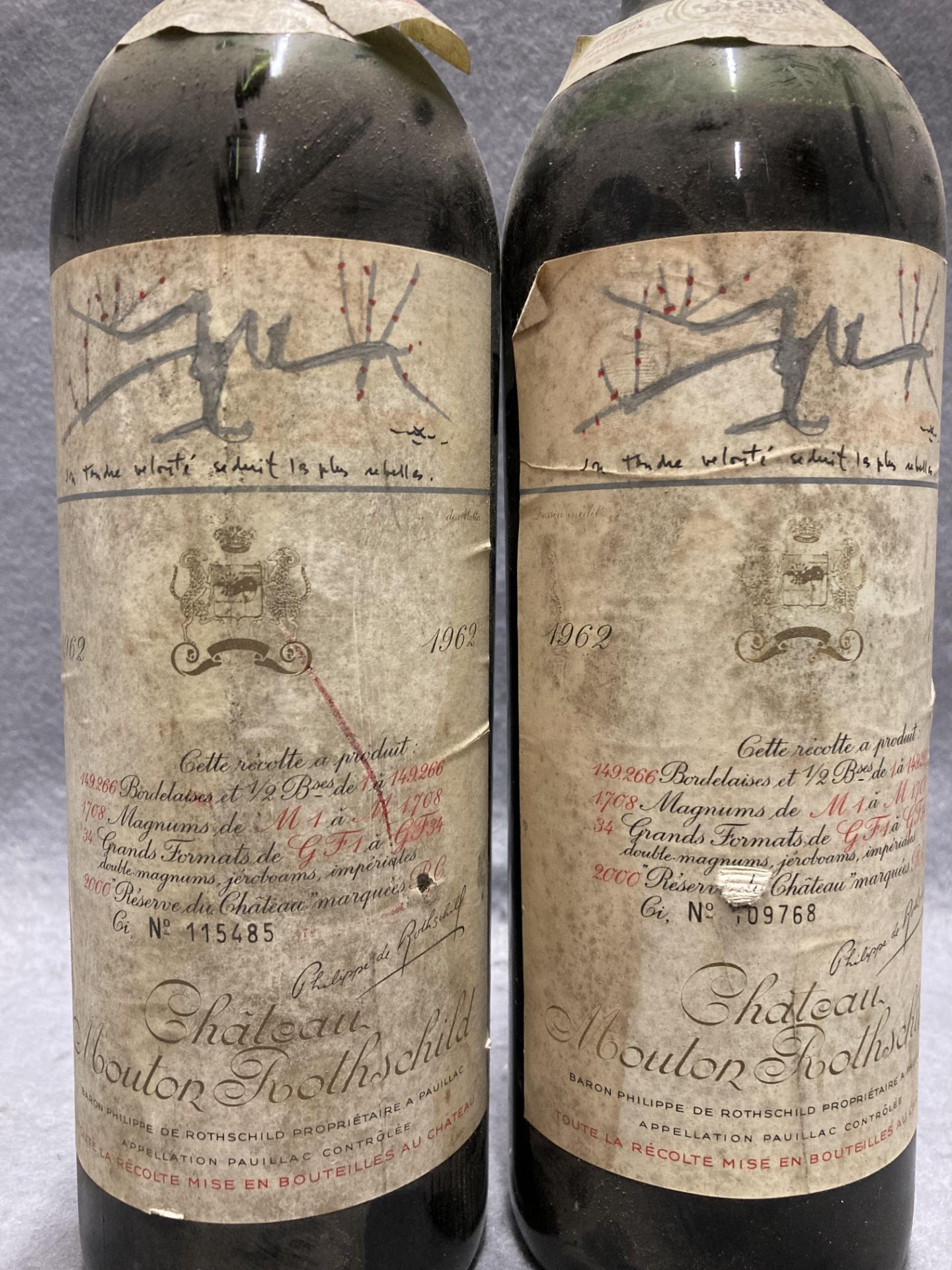 Two 75cl bottles of 1962 Chateau Mouton Rothschild No 115485 and 109768 - advised stored cellared - Image 2 of 12