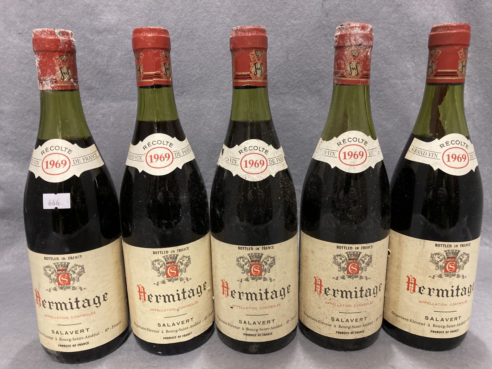 Five bottles of 75cl Heritage Salavert Recolte 1969 Grand Vin de France red wine - advised stored