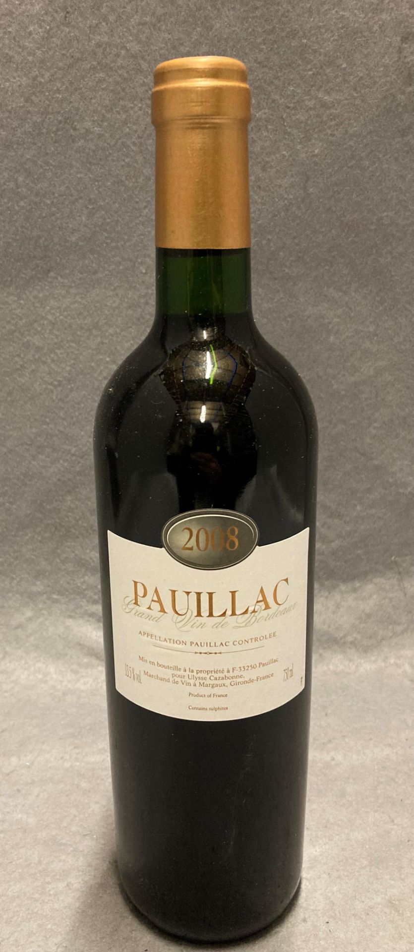 Twelve 750ml bottles of Pauillac 2008 red wine - advised stored in a cellar and laid in a box