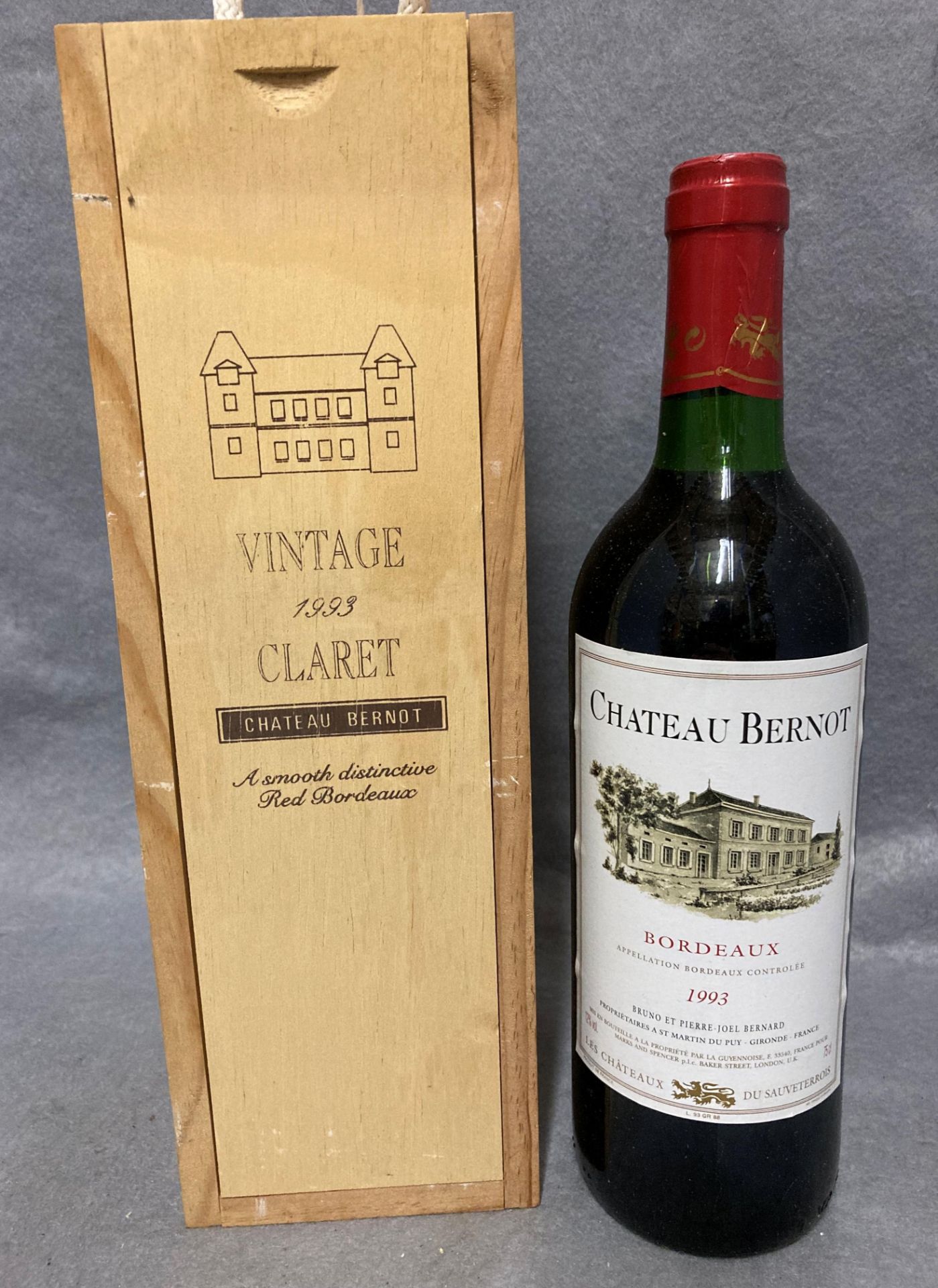 A 75cl bottle of Chateau Bernot Bordeaux Vintage Claret 1993 in wood presentation box