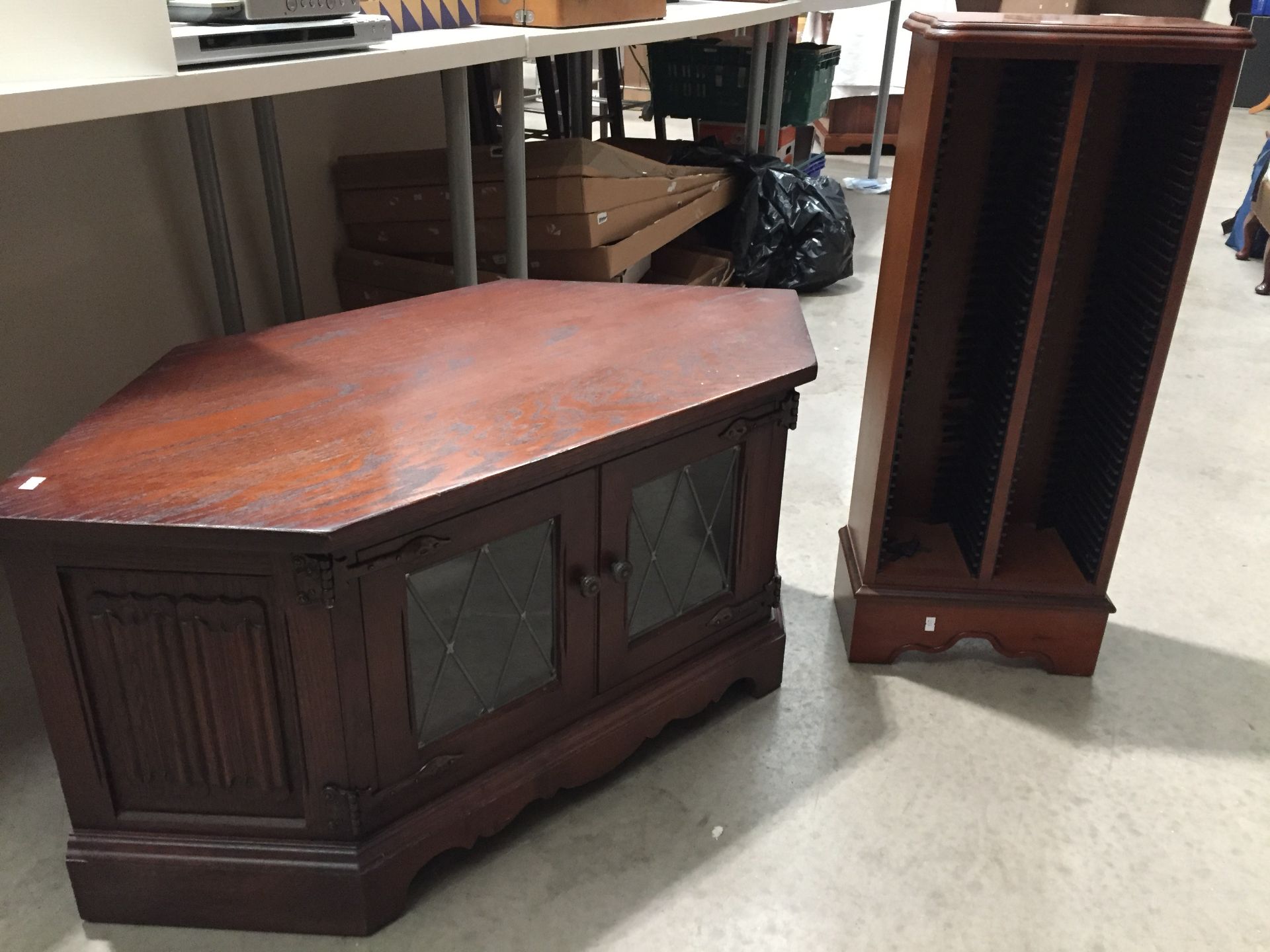 2 Items - Wood Bros Old Charm Hexagonal Mahogany Corner TV Stand with leaded glass doors and