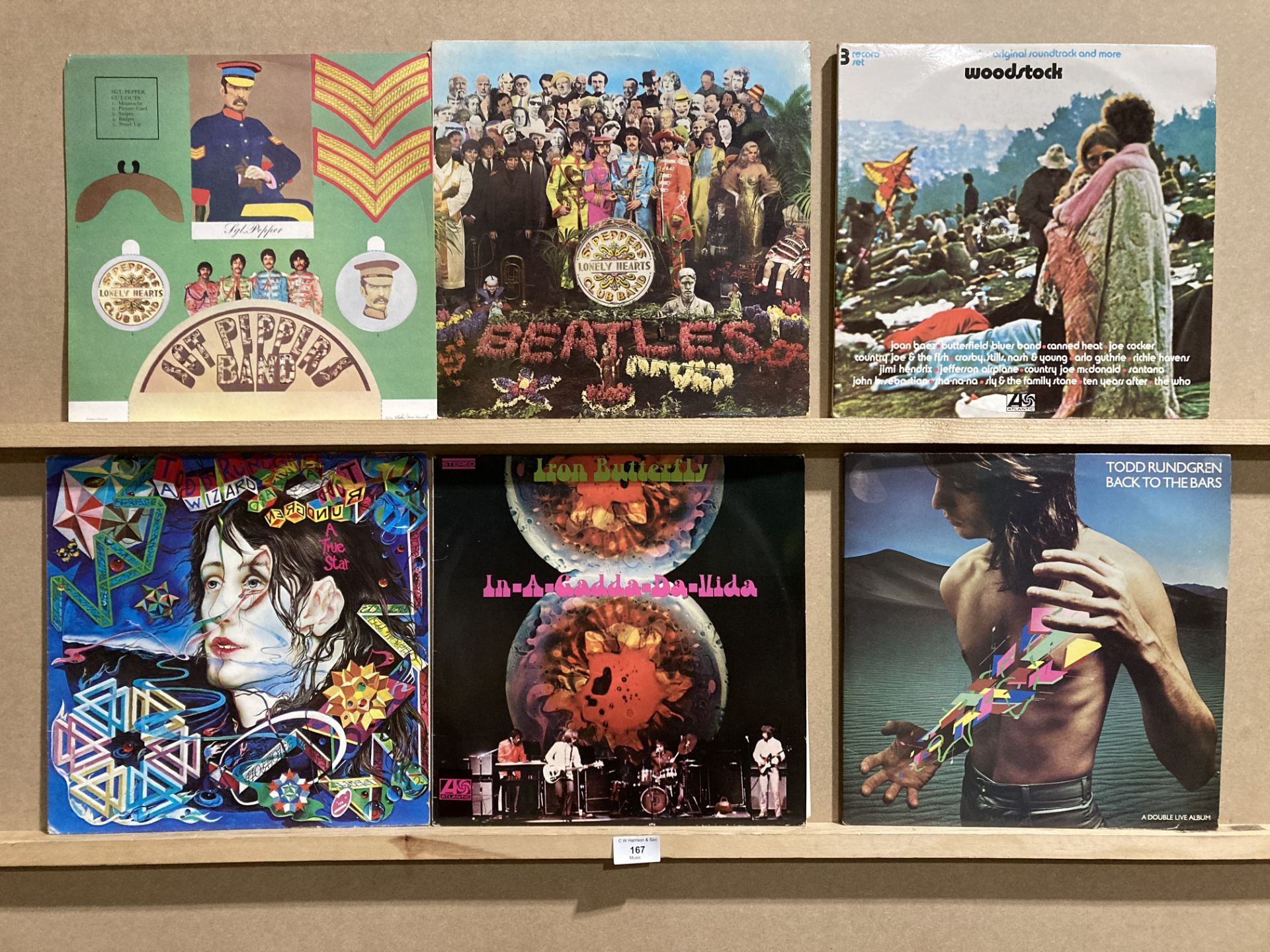 Five assorted LPs - Beatles with inner cut out card, Woodstock, Todd Rundgren, Iron Butterfly etc.