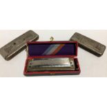 3 Mouth Organs - M Hohner Super Chrom Onica in original box, Bajazzo Artist Harp by Johann Schunk,