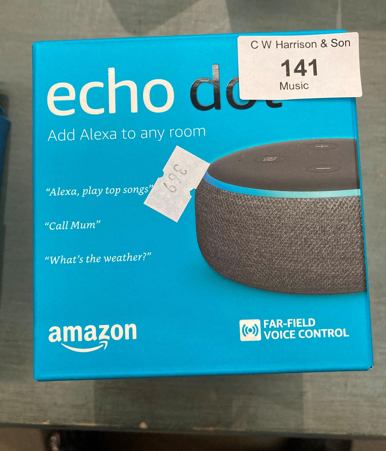 An Amazon Echo Dot 3rd Generation in original box