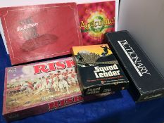 Plastic box and contents - 5 Board Games - Risk, Pictionary, Articulate,