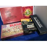 Plastic box and contents - 5 Board Games - Risk, Pictionary, Articulate,