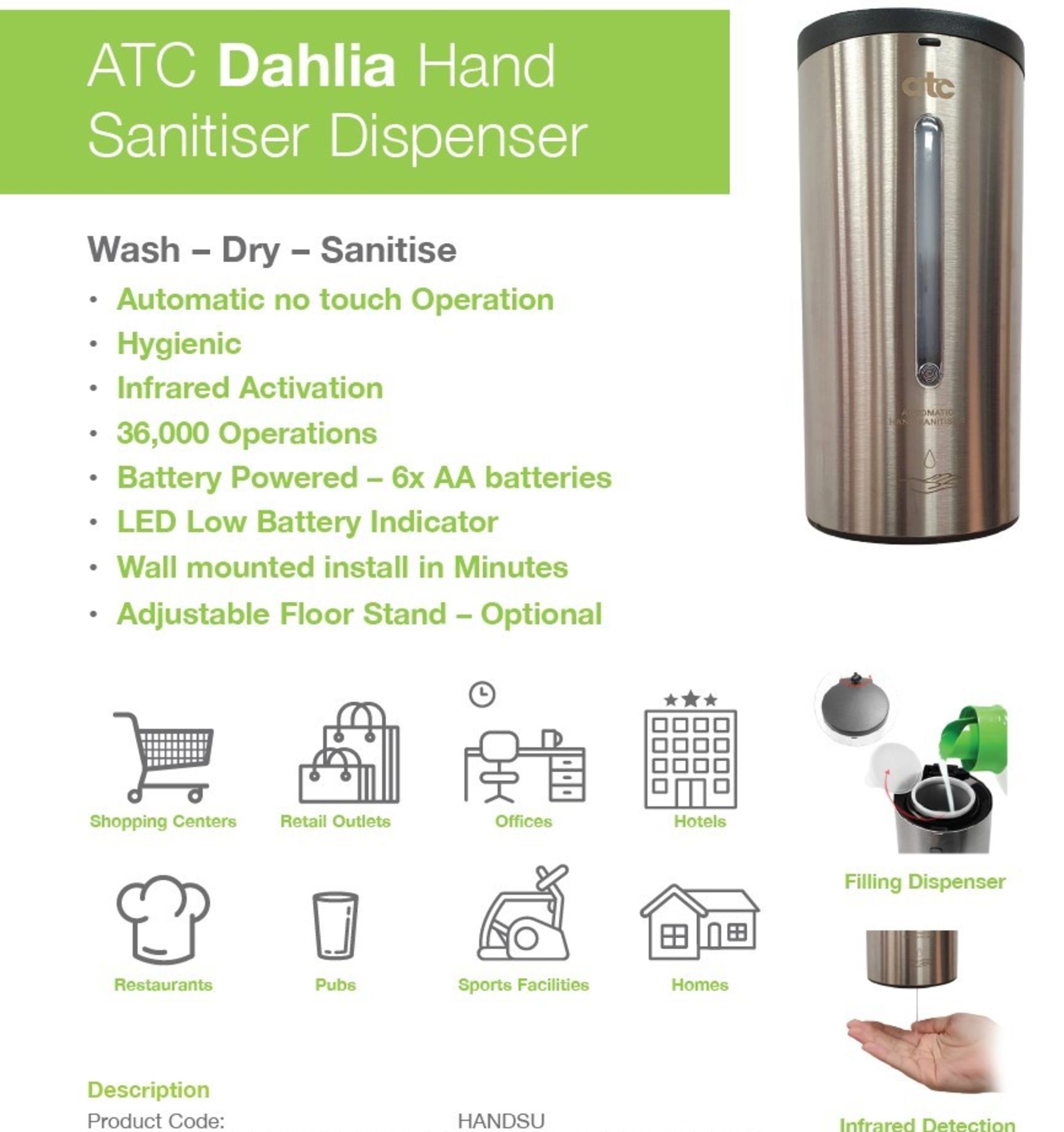 5 x ATC Dahlia Automatic Hand Soap Dispensers/Sanitiser Dispensers - (New, - Image 2 of 2