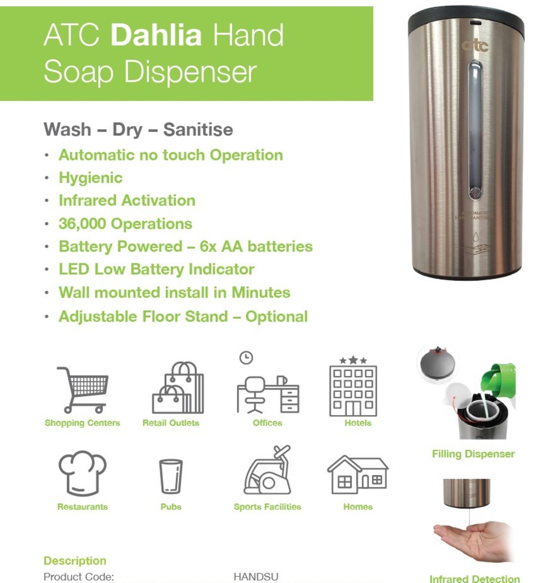5 x ATC Dahlia Automatic Hand Soap Dispensers/Sanitiser Dispensers - (New,