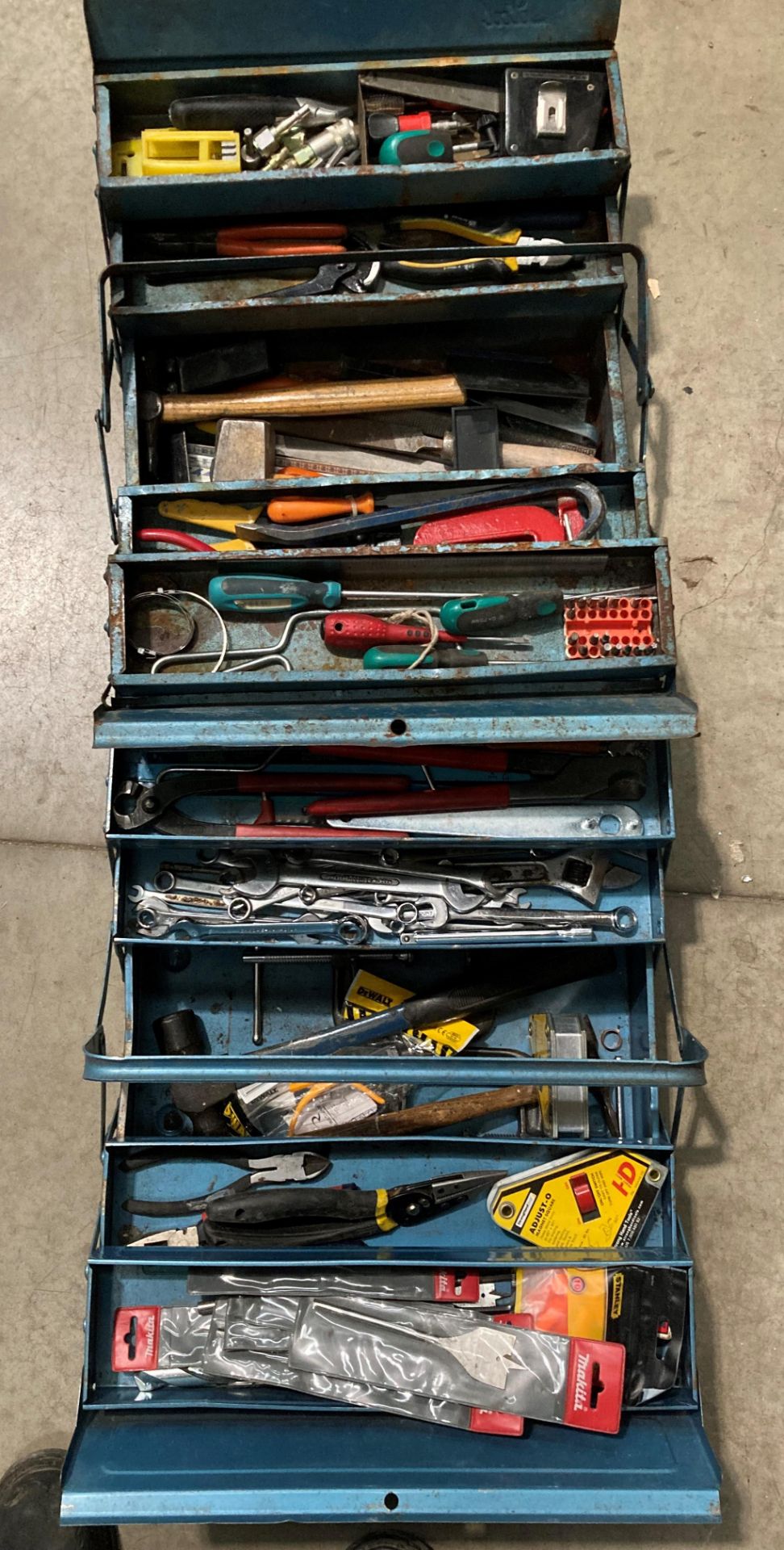 Two metal tool boxes and contents - assorted hand tools, Makita wood drill bits,