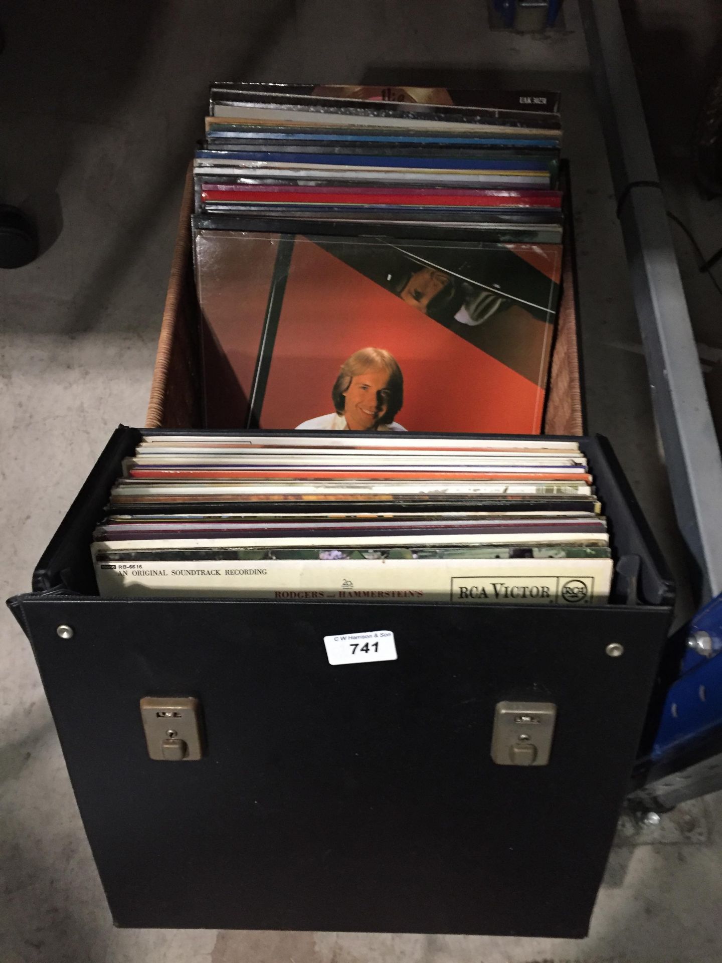 Record case & basket containing 60+ LPs
