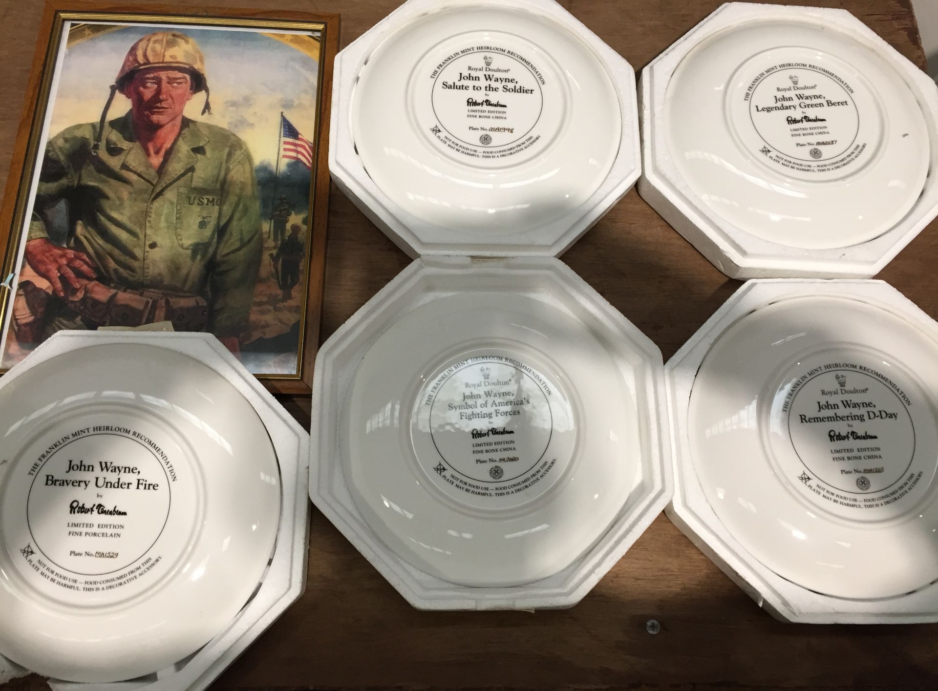 6 John Wayne items - 5 x Royal Doulton plates soldier scenes & framed print of "Symbol of America's - Image 2 of 5