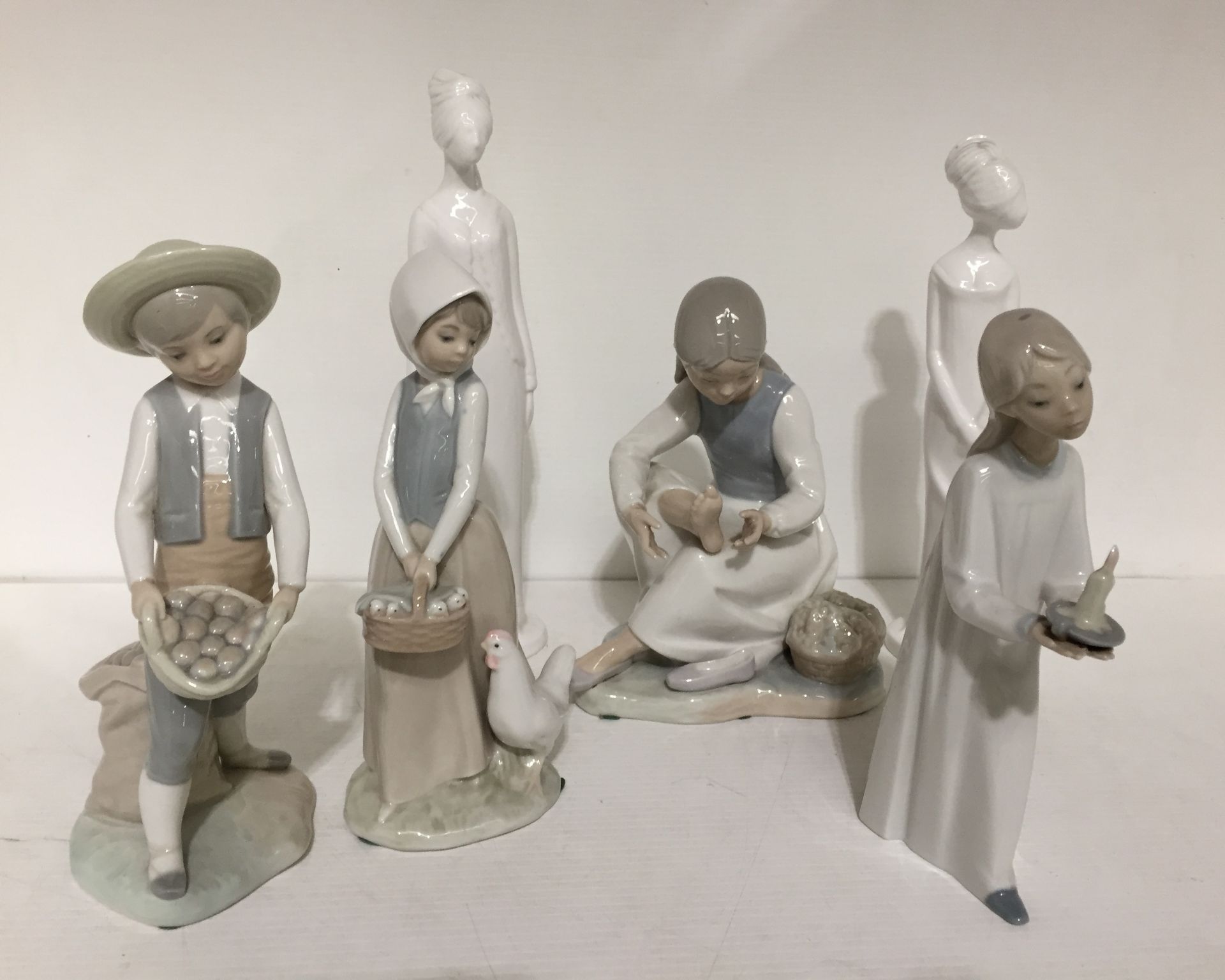 6 Figurines - Diana & Emma by Pauline Shone, Nao seated girl, Spanish Girl & Boy with baskets,