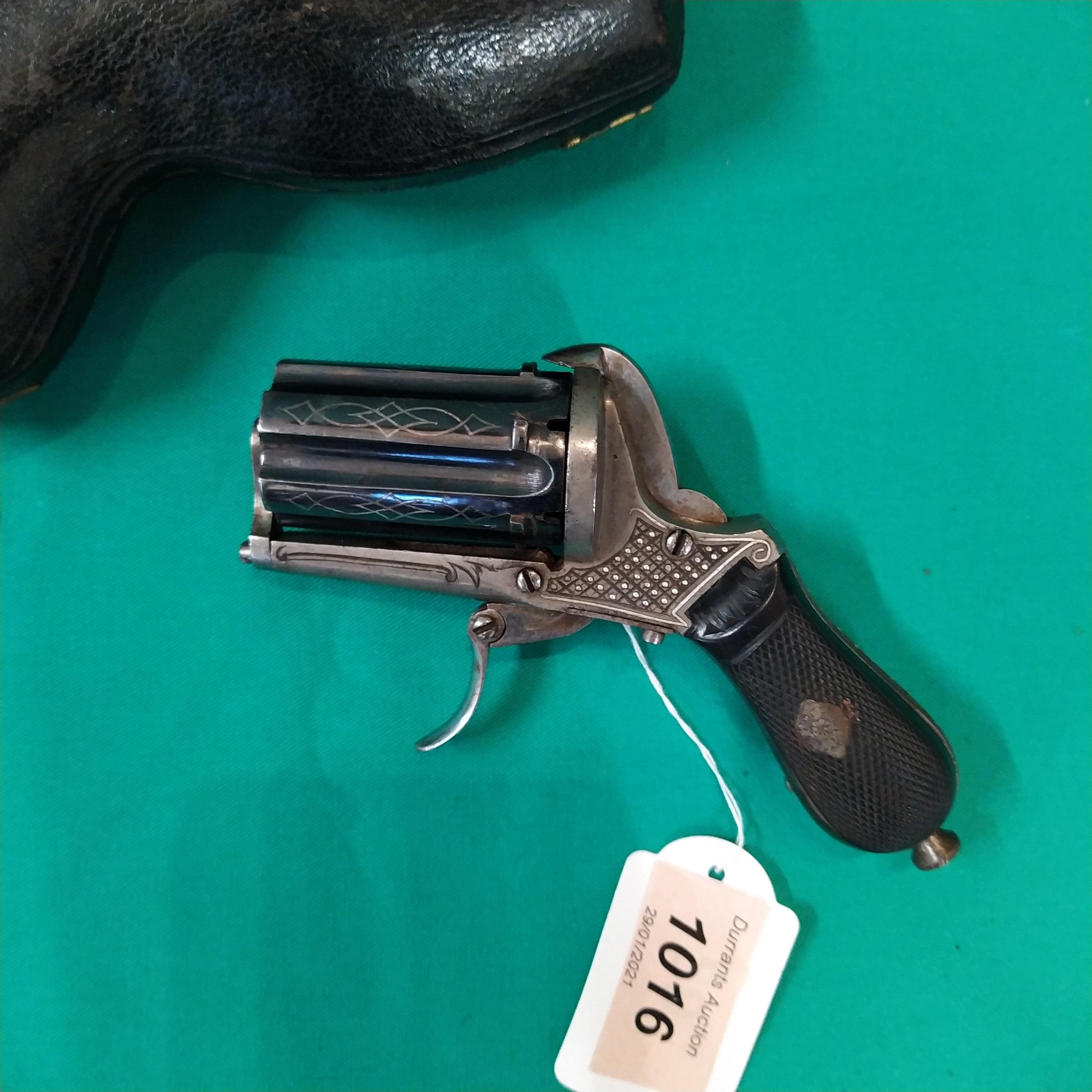 A fine six shot 7mm pin fire pepperbox revolver with its original hard 'purse' style case, - Image 2 of 3