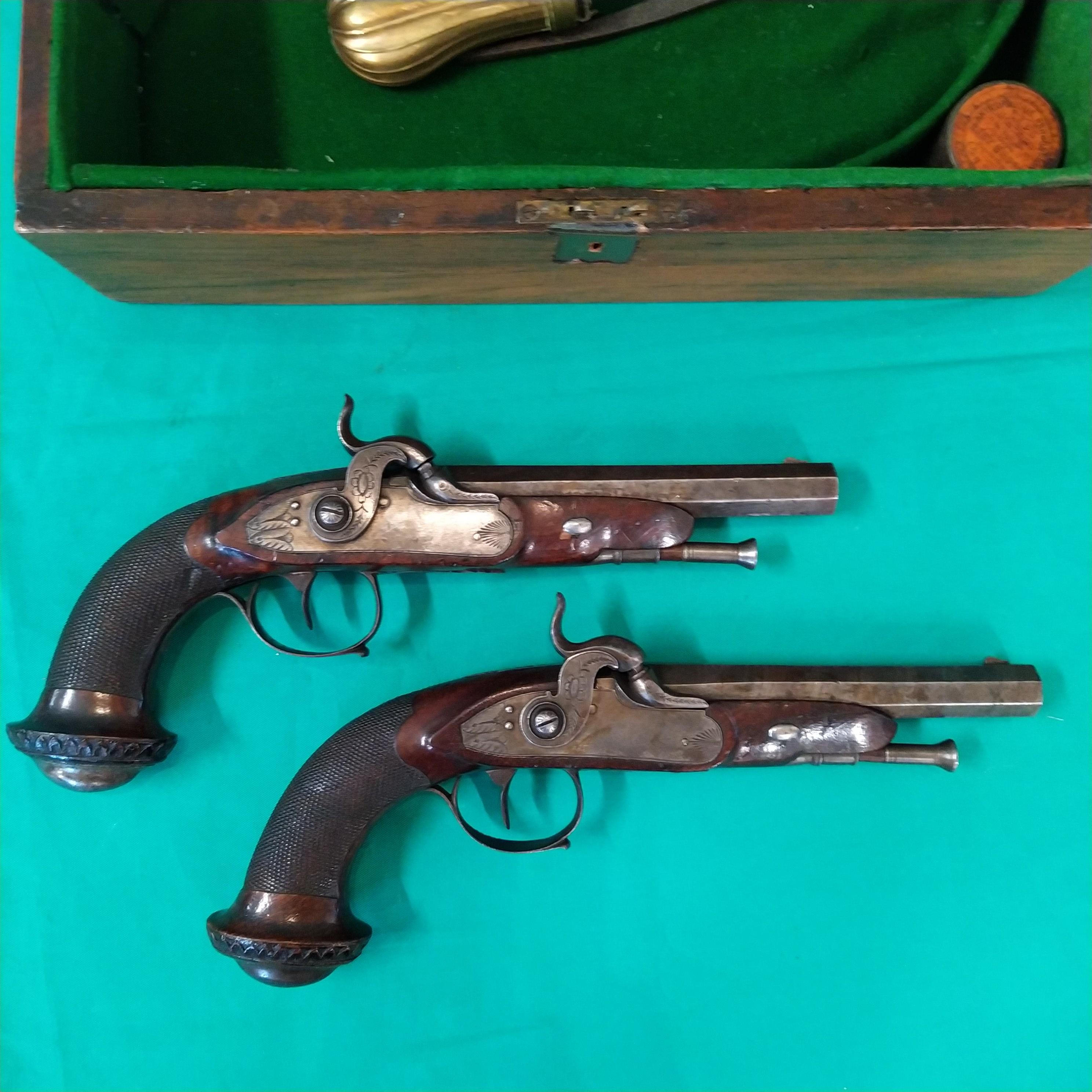 A pair of percussion rifled target pistols, each overall 12" with 6 1/4" barrels of approx 27 bore, - Image 3 of 6