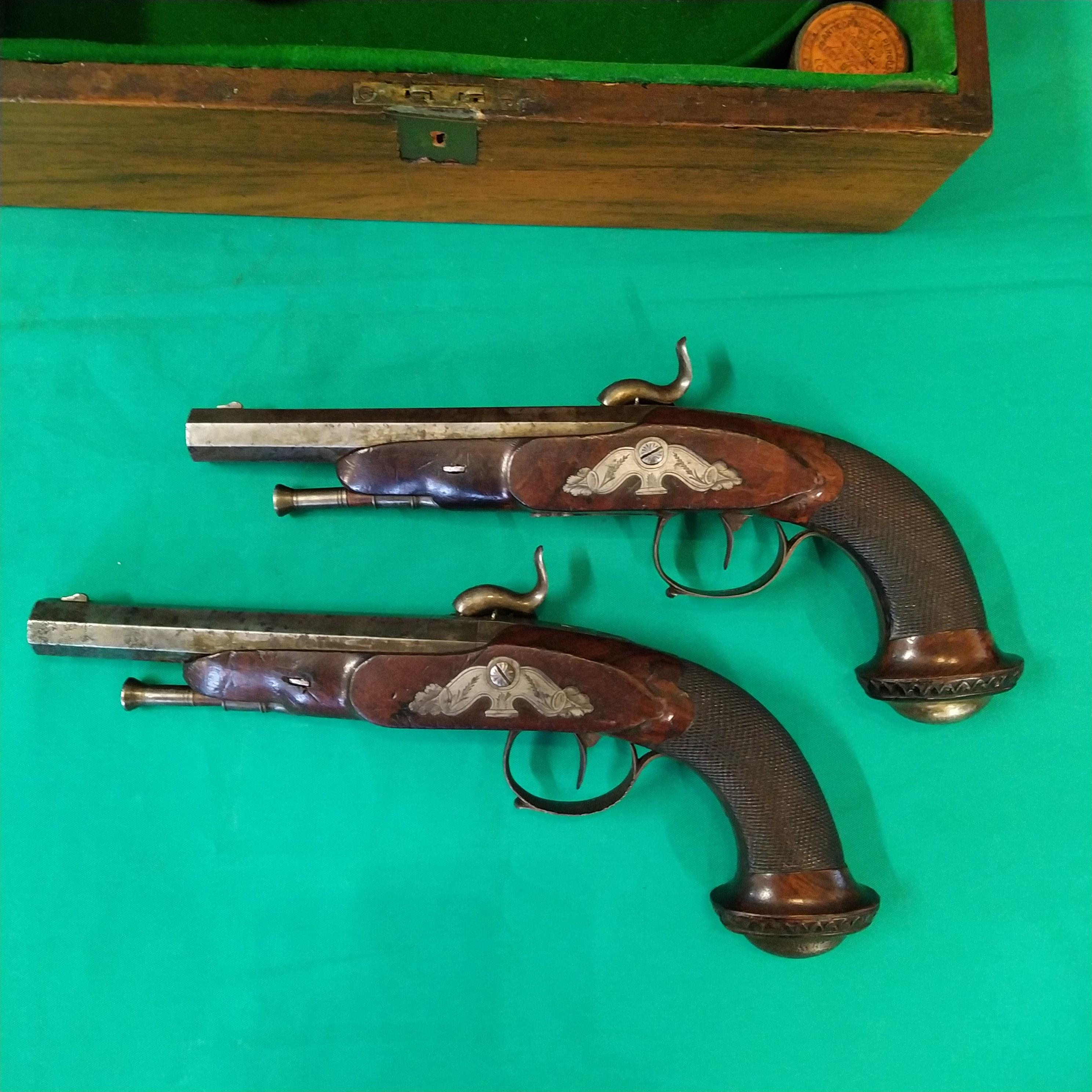 A pair of percussion rifled target pistols, each overall 12" with 6 1/4" barrels of approx 27 bore, - Image 4 of 6