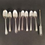 A collection of silver and white metal cutlery including five bottom struck silver spoons (marks