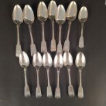 Georgian silver spoons (six table and seven dessert), all dated London 1828, makers mark TD,
